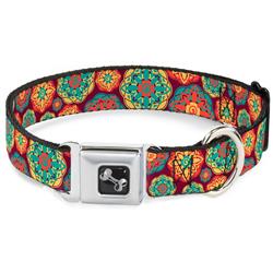 Dog Bone Black/Silver Seatbelt Buckle Collar - Boho Mandala Burgundy/Yellow/Turquoise/Orange