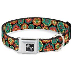 Dog Bone Black/Silver Seatbelt Buckle Collar - Boho Mandala Black/Yellow/Turquoise/Orange