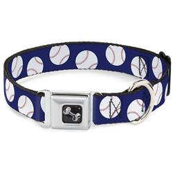 Dog Bone Black/Silver Seatbelt Buckle Collar - Baseballs Scattered Blue