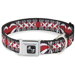 Dog Bone Black/Silver Seatbelt Buckle Collar - Corset Lace Up w/Bow Red Plaid/Red