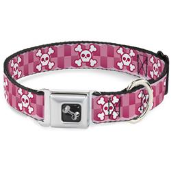 Dog Bone Black/Silver Seatbelt Buckle Collar - Cute Skulls w/Checkers Pinks/White