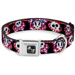 Dog Bone Black/Silver Seatbelt Buckle Collar - Cute Skulls w/Hearts