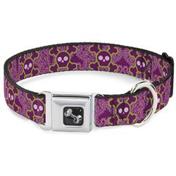 Dog Bone Black/Silver Seatbelt Buckle Collar - Cute Skulls w/Paisley Purple/Pink/Green