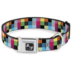 Dog Bone Black/Silver Seatbelt Buckle Collar - Checker Bright Pastel