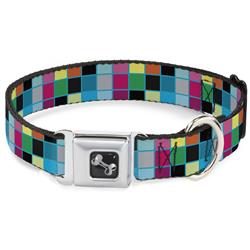 Dog Bone Black/Silver Seatbelt Buckle Collar - Checker Bright Pastel w/Outline