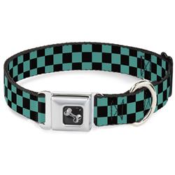 Dog Bone Black/Silver Seatbelt Buckle Collar - Checker Black/Teal