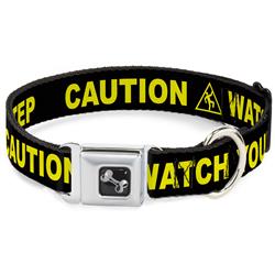 Dog Bone Black/Silver Seatbelt Buckle Collar - CAUTION WATCH YOUR DUBSTEP Black/Yellow
