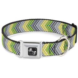 Dog Bone Black/Silver Seatbelt Buckle Collar - Chevron Weave Grays/Yellow/Green