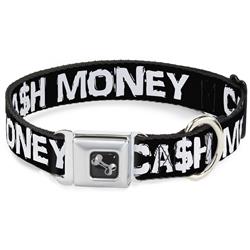 Dog Bone Black/Silver Seatbelt Buckle Collar - CA$H MONEY Black/White