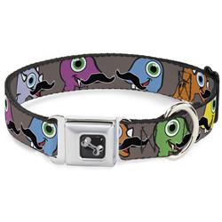 Dog Bone Black/Silver Seatbelt Buckle Collar - Cute Dinosaurs w/Mustaches Gray