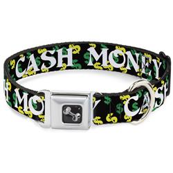Dog Bone Black/Silver Seatbelt Buckle Collar - CASH MONEY w/$$$ Black/White/Yellow/Green