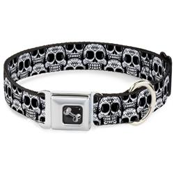 Dog Bone Black/Silver Seatbelt Buckle Collar - Cartoon Sugar Skulls Stacked Black/White