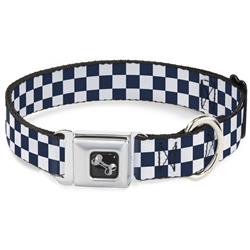 Dog Bone Black/Silver Seatbelt Buckle Collar - Checker Sapphire Blue/White