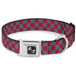 Dog Bone Black/Silver Seatbelt Buckle Collar - Checker Crimson Red/Gray