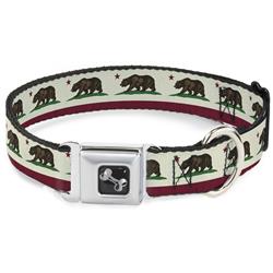Dog Bone Black/Silver Seatbelt Buckle Collar - California Flag Bear Weathered White