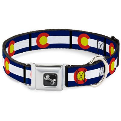 Dog Bone Black/Silver Seatbelt Buckle Collar - Colorado Flags