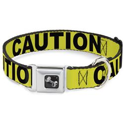 Dog Bone Black/Silver Seatbelt Buckle Collar - CAUTION Yellow/Black