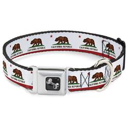 Dog Bone Black/Silver Seatbelt Buckle Collar - California State Flag White
