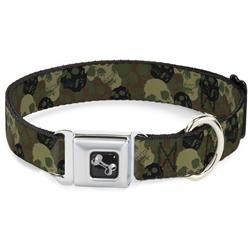 Dog Bone Black/Silver Seatbelt Buckle Collar - Camo Olive Skull Yard