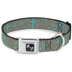 Dog Bone Black/Silver Seatbelt Buckle Collar - Cross Repeat Leopard Turquoise/Pink