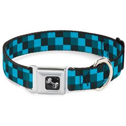 Dog Bone Black/Silver Seatbelt Buckle Collar - Checker Trio Baby Blue/Black/Turquoise