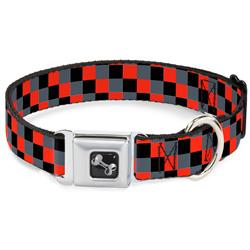 Dog Bone Black/Silver Seatbelt Buckle Collar - Checker Trio Gray/Black/Red