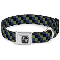 Dog Bone Black/Silver Seatbelt Buckle Collar - Checker Trio Green/Black/Blue
