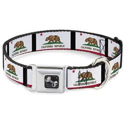 Dog Bone Black/Silver Seatbelt Buckle Collar - California Flag Repeat/Black