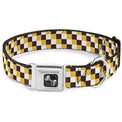Dog Bone Black/Silver Seatbelt Buckle Collar - Checker White/Gold/Brown