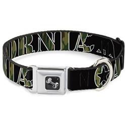 Dog Bone Black/Silver Seatbelt Buckle Collar - CALIFORNIA/Bear Silhouette Black/Camo Olive