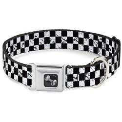 Dog Bone Black/Silver Seatbelt Buckle Collar - Checker Weathered2 Black/White