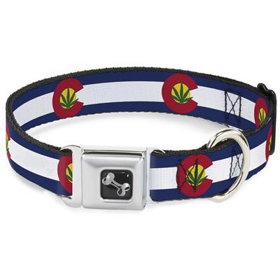Dog Bone Black/Silver Seatbelt Buckle Collar - Colorado Flag/Marijuana Leaf