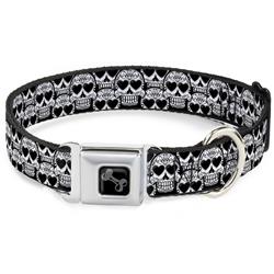 Dog Bone Black/Silver Seatbelt Buckle Collar - Diamond Sugar Skull Stacked Black/Silver Fade/White