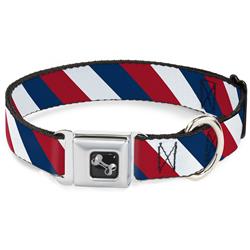 Dog Bone Black/Silver Seatbelt Buckle Collar - Diagonal Stripe Red/White/Navy