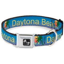 Dog Bone Black/Silver Seatbelt Buckle Collar - DAYTON BEACH Script/Sun/Palm Trees Blue Fade/Yellow/Oranges/Green