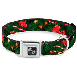 Dog Bone Black/Silver Seatbelt Buckle Collar - Decorated Tree2 w/Bows/Lights/Candy Canes