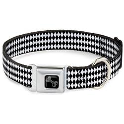 Dog Bone Black/Silver Seatbelt Buckle Collar - Diamonds Stripe White/Black