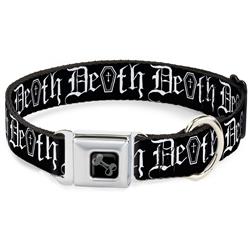 Dog Bone Black/Silver Seatbelt Buckle Collar - DEATH w/Coffin Old English Black/White