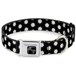 Dog Bone Black/Silver Seatbelt Buckle Collar - Daisies Scattered Black/White/Yellow