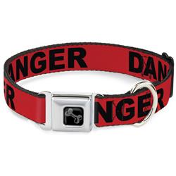 Dog Bone Black/Silver Seatbelt Buckle Collar - DANGER Text Red/Black
