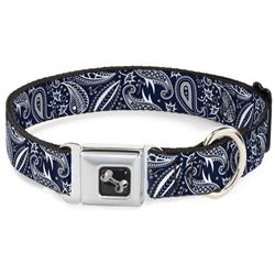 Dog Bone Black/Silver Seatbelt Buckle Collar - Floral Paisley3 Blue/White/Gray