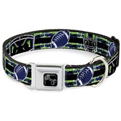 Dog Bone Black/Silver Seatbelt Buckle Collar - Football/Helmet Stripe Black/Neon Green/Blue