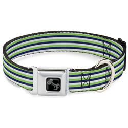 Dog Bone Black/Silver Seatbelt Buckle Collar - Fine Stripes White/Neon Green/Navy