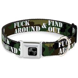 Dog Bone Black/Silver Seatbelt Buckle Collar - FAFO FUCK AROUND & FIND OUT Stencil Camo/White