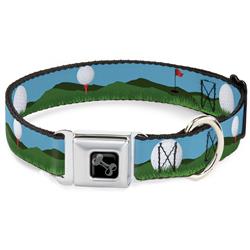Dog Bone Black/Silver Seatbelt Buckle Collar - Golf Course/Balls/Holes Blues/Greens