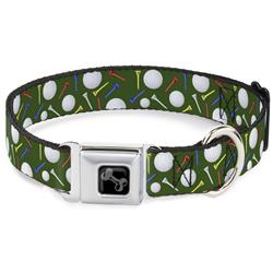 Dog Bone Black/Silver Seatbelt Buckle Collar - Golf Balls/Tees Scattered Green/Multi Color
