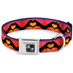 Dog Bone Black/Silver Seatbelt Buckle Collar - Hand Heart Silhouette Ombre Purples/Orange/Pinks