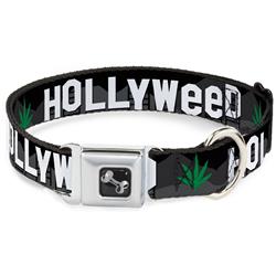 Dog Bone Black/Silver Seatbelt Buckle Collar - HOLLYWEED Sign Skyline/Pot Leaf Black/Grays/White/Green