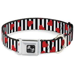Dog Bone Black/Silver Seatbelt Buckle Collar - Hearts Scattered/Stripe White/Black/Red