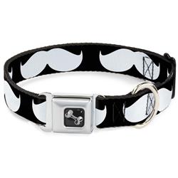 Dog Bone Black/Silver Seatbelt Buckle Collar - Mustache Black/White